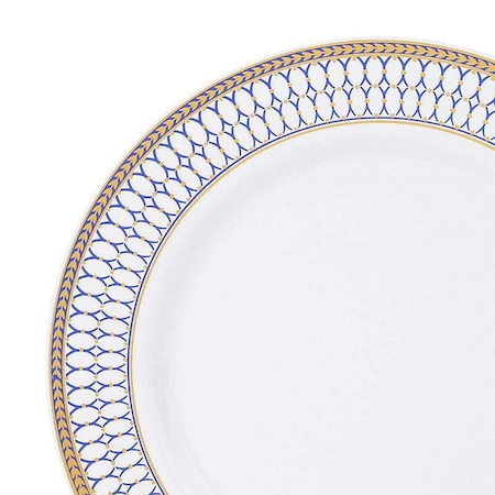 Smarty Had A Party 10.25" White with Blue and Gold Chord Rim Plastic Dinner Plates (120 Plates), 120PK 620-CASE